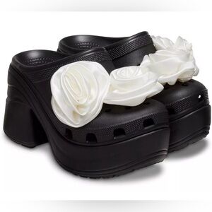 Crocs Siren Rosette Clog Black White Flower Platform Heels Unisex NWT
